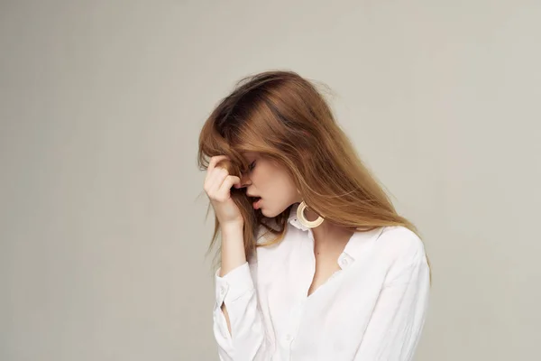 Attractive woman with earrings white glamor shirt modern style — Stock Photo, Image