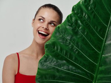 Kadın temiz cilt kozmetolojisi kahkahaları yeşil palmiye yaprağı