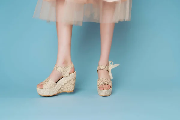 Piernas femeninas en zapatos vestido posando fondo azul moda — Foto de Stock