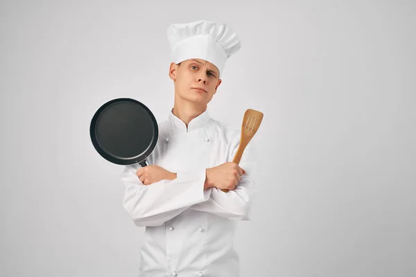 Man in chef uniform kitchen supplies professional work service — Stock Photo, Image