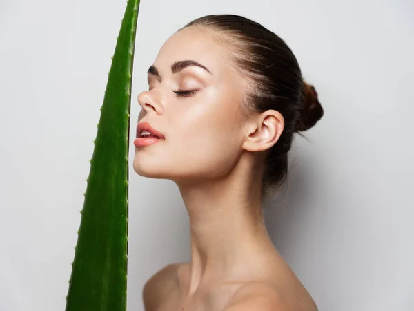 Mulher com folha de aloés cosmetologia pele clara ombros nus retrato vista recortada — Fotografia de Stock