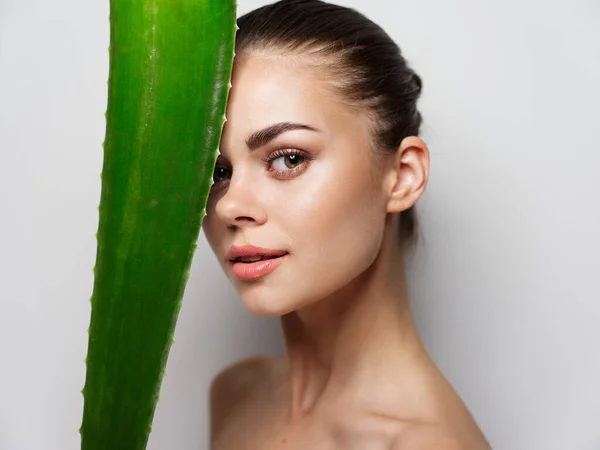 Hoja de aloe verde en frente de retrato de la cara de la mujer primer plano recortado —  Fotos de Stock