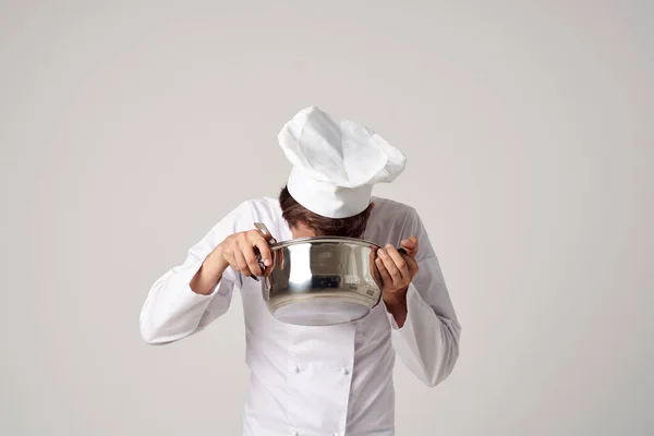 male chef gourmet restaurant cooking light background