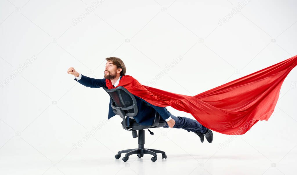 business man in suit red cloak superhero manager