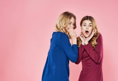 Elbiseli iki kız arkadaş iletişimin pembe arka planının yanında duruyor.