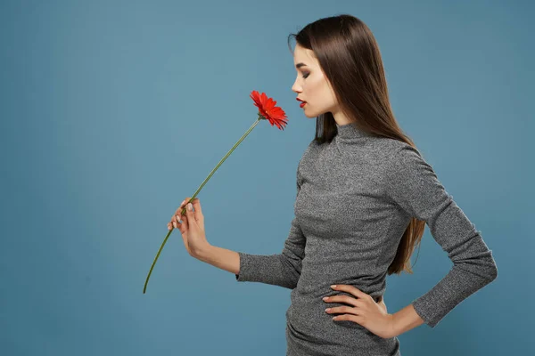 Brunetka z czerwony kwiat jasny makijaż glamour romans zbliżenie — Zdjęcie stockowe