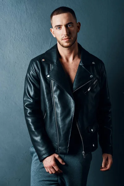 handsome man wearing hat leather jacket fashion modern posing style