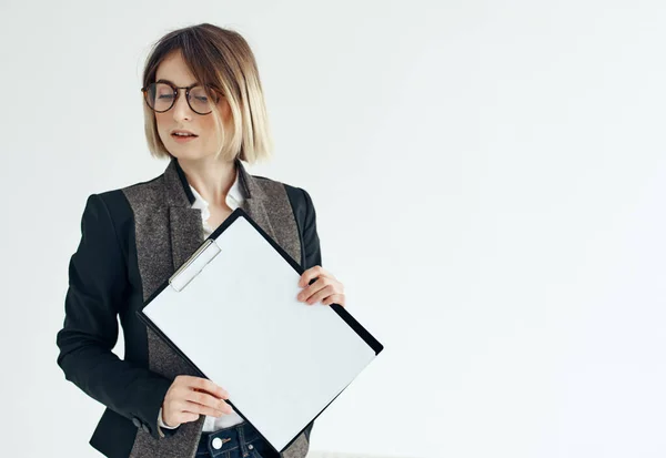 Business woman wearing glasses documents office professional light background — Stock Photo, Image