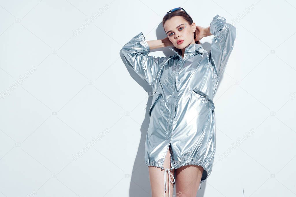 pretty woman silvery jackets party posing nightclub lifestyle