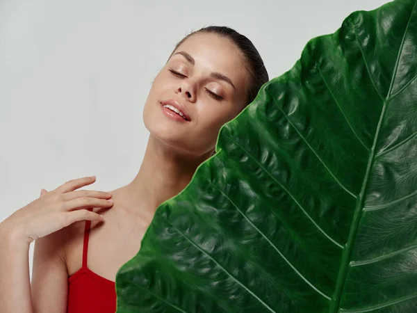 Woman in a red swimsuit with closed eyes leaned her face on a green leaf of a palm tree on an isolated background —  Fotos de Stock