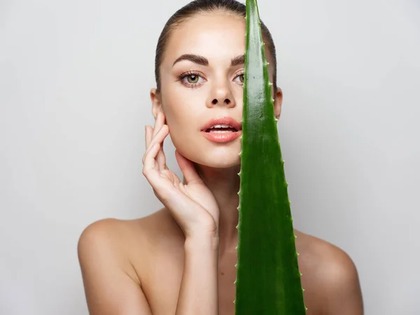 Bela mulher com folha de aloés verde tocando rosto com a mão no fundo cinza — Fotografia de Stock