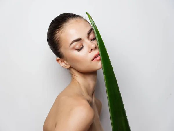 Woman with closed eyes holding aloe leaf in hand clean skin cosmetology model — Fotografia de Stock