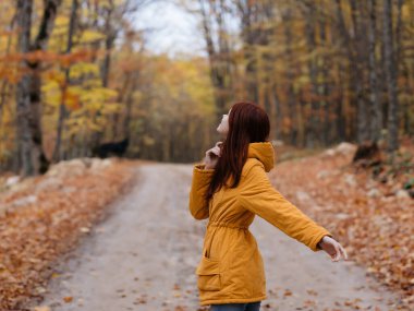 Sarı ceketli bir kadın sonbahar orman yolunda yürüyor.