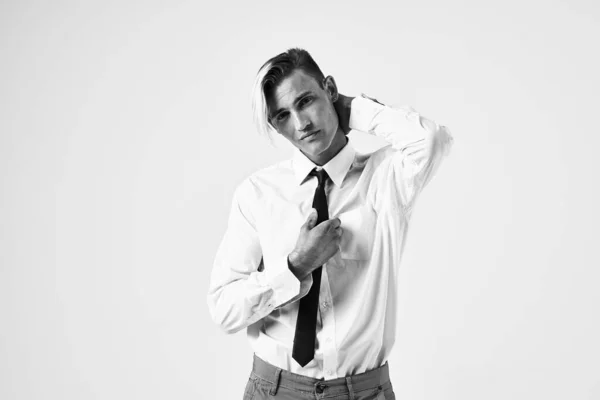 Man in shirt with tie posing fashionable hairstyle Studio Model — Stock Photo, Image