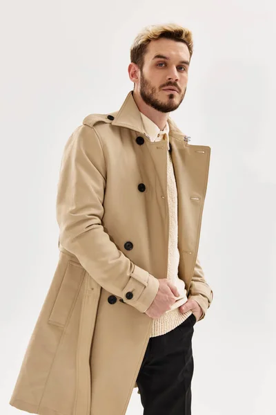 Man fashion hairstyle coat modern style isolated background — Stock Fotó