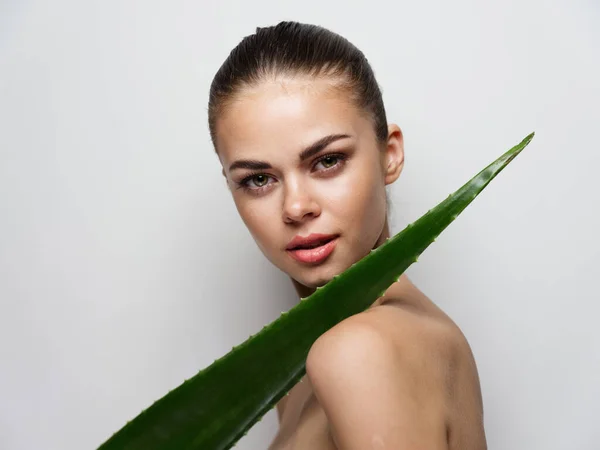 Mulher sexy com aloe folha moda penteado luz fundo limpo pele cosméticos no rosto — Fotografia de Stock