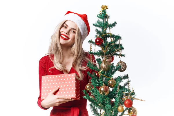 サンタ・ハットの笑顔の女性休日の感情ギフトクリスマス — ストック写真