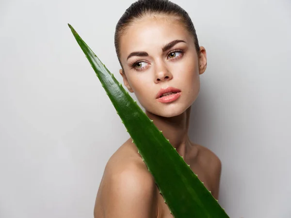 Mulher bonita com folha de aloés no fundo leve maquiagem modelo rosto bonito — Fotografia de Stock