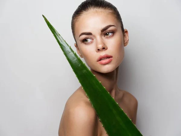 Mujer bonita con hoja de aloe en el modelo de maquillaje de fondo claro cara hermosa — Foto de Stock