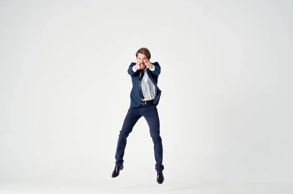 Business man in suit emotions jump joy — Stock Photo, Image