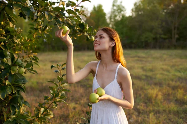 Donna in abito bianco all'aperto vicino melo — Foto Stock