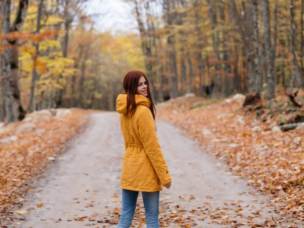 Mulher em casaco amarelo floresta estrada outono viajante ar fresco — Fotografia de Stock