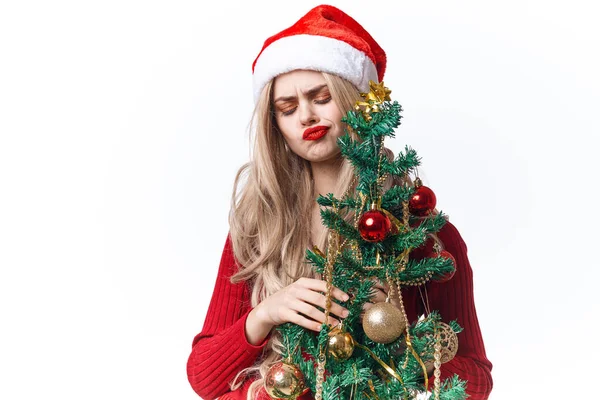 Žena oblečená jako Santa Claus Vánoce strom dovolená Vánoce — Stock fotografie