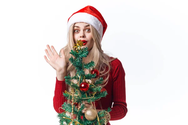 Hübsche Frau Als Weihnachtsmann Mit Weihnachtsbaum Verkleidet — Stockfoto