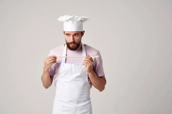 Homem Avental Branco Indústria Cozinha Foto Alta Qualidade — Fotografia de Stock