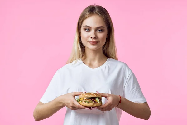 Woman White Shirt Holding Hamburger — Stock Photo, Image