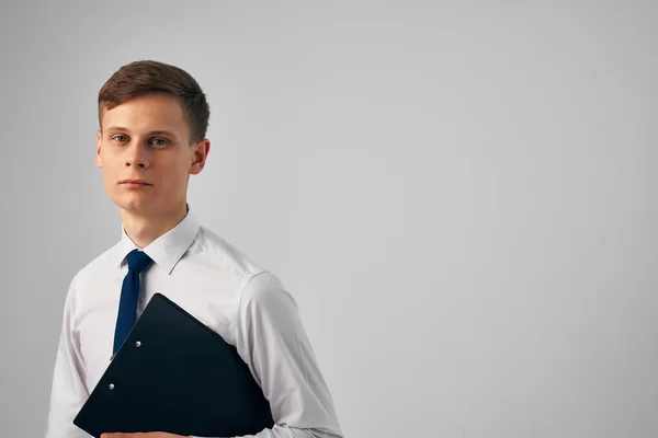 Business man shirts with tie documents manager office light background — Stock Photo, Image