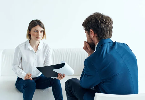 Business woman next to man communication work team documents — Stock Photo, Image