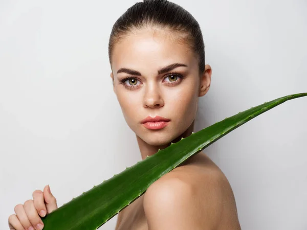 Bella donna modello con foglia di aloe in mano pelle pulita cosmetologia modello aspetto naturale — Foto Stock