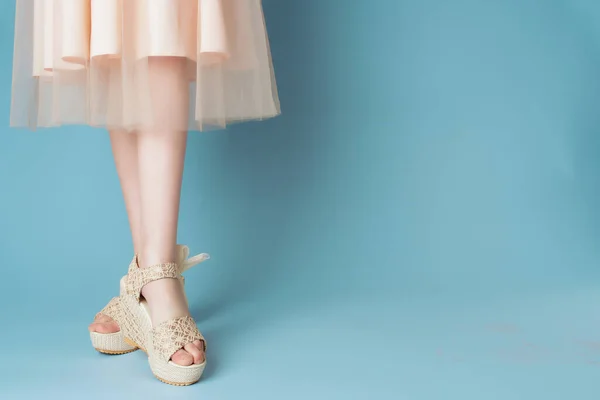 Γυναικεία πόδια σε παπούτσια φόρεμα περικοπή προβολή γκρο πλαν μπλε φόντο μόδας — Φωτογραφία Αρχείου