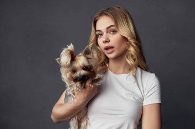 Küçük safkan köpek arkadaşlığı stüdyosu olan bir kadın.