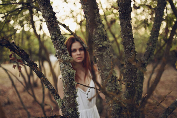 Pretty woman in white dress near trees fallen leaves in the forest. High quality photo