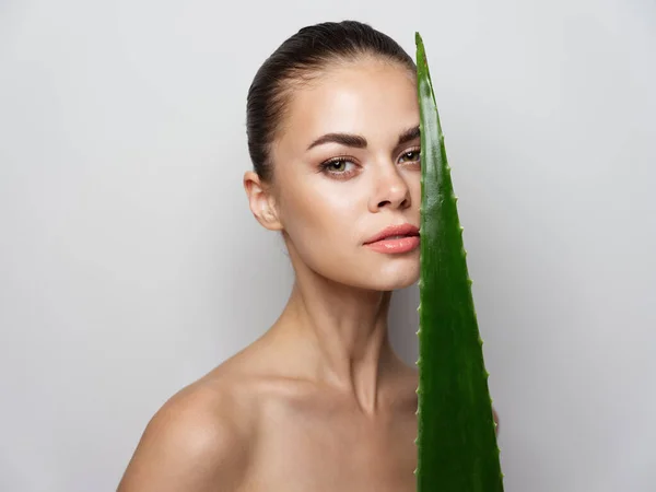 Mulher com folha de aloés verde modelo de maquiagem pele clara — Fotografia de Stock