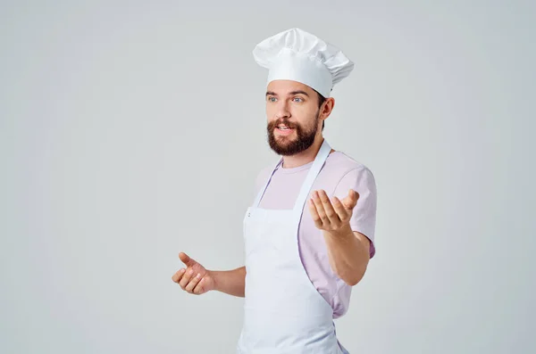 Cheerful bearded man gesturing with hands cooking food preparation restaurant industry — Stock Photo, Image