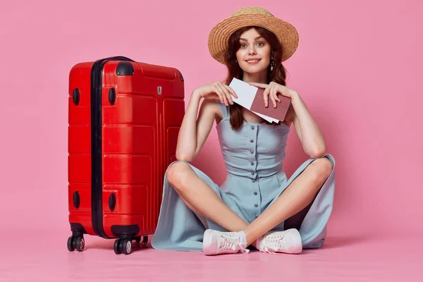 Cheerful Woman Suitcase Hat — Stock Photo, Image
