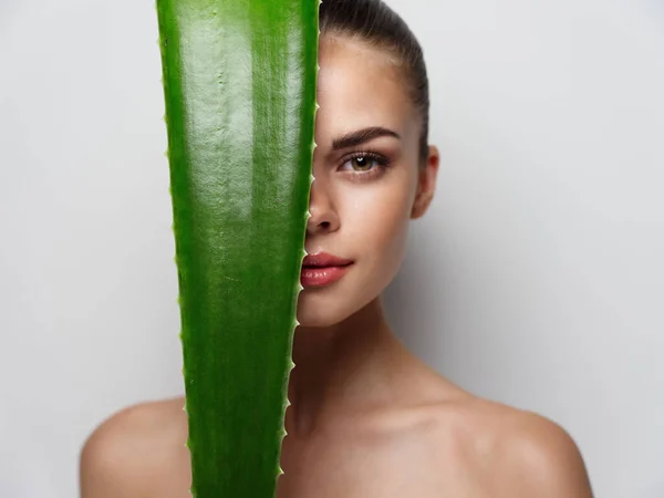 Retrato de mulher sexy com folha de aloés verde ombros nus modelo de pele clara — Fotografia de Stock