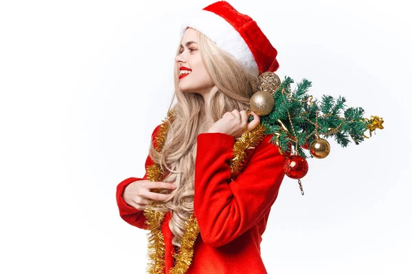 Csinos nő visel Mikulás jelmez dekoráció ünnep karácsony — Stock Fotó
