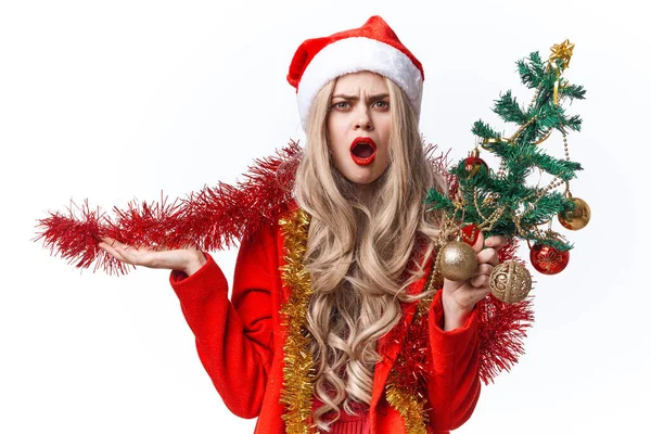 Kobieta noszenie Santa strój zabawki dekoracji lekkie tło — Zdjęcie stockowe