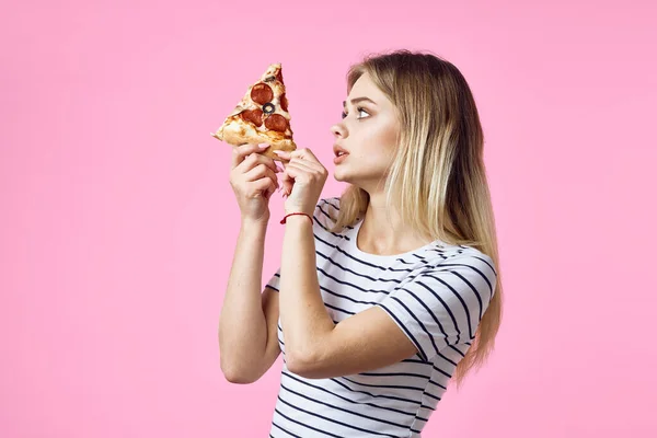 Woman Striped Shirt Pizza Hands — Stock Photo, Image
