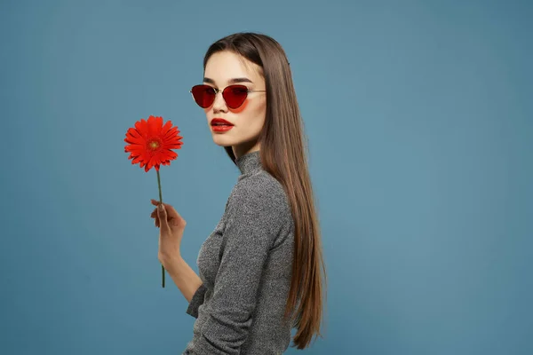 Brunetka w czerwony kwiat odzyskać ciemne okulary niebieskie tło — Zdjęcie stockowe
