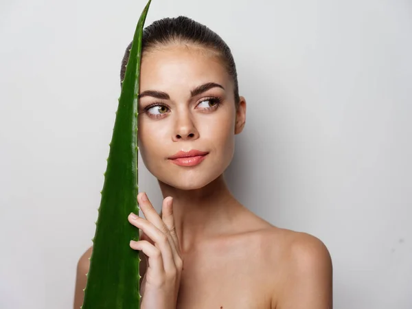 Mulher encantadora com ombros nus pele limpa cosmetologia folha de aloés verde — Fotografia de Stock