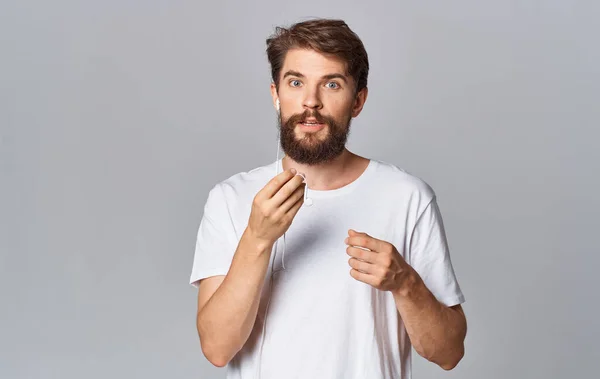 Bearded man emotions white-shirt fun Studio — стоковое фото