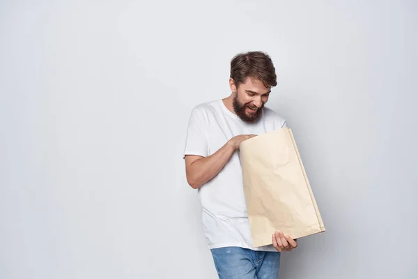 Hombre Con Bolsa Papel Las Manos Compras — Foto de Stock