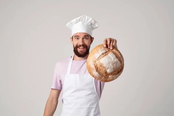 Uomo Grembiule Bianco Con Pane Ristorante Foto Alta Qualità — Foto Stock