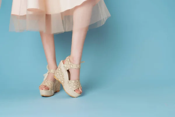 Samice nohy v obuvi šaty oříznuté pohled close-up modré pozadí móda — Stock fotografie