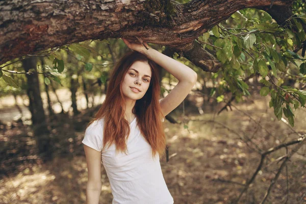 Femeie frumoasă în aer liber de copac Călătorie de libertate soare — Fotografie, imagine de stoc